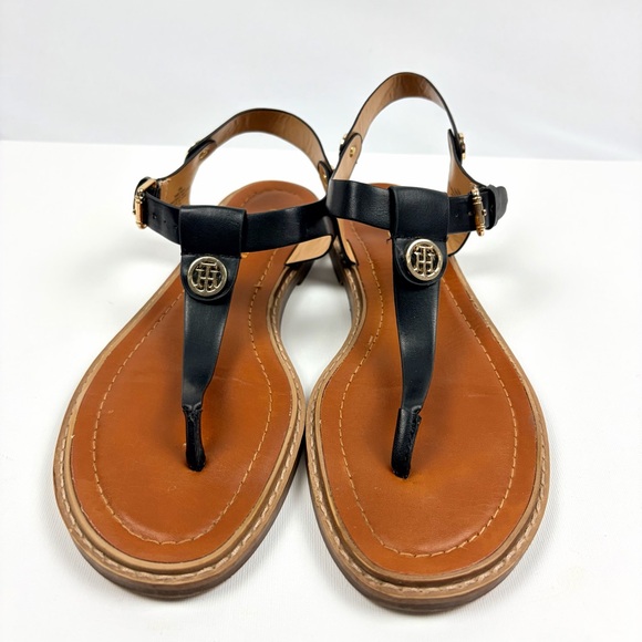 Tommy Hilfiger Shoes - Tommy Hilfiger Black Leather Thong Sandals Gold Logo Size 10M